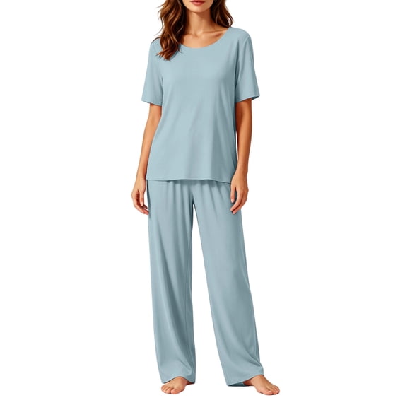 Womens Seamless Pajama Set Short Sleeve Pajamas Top and Pants Crew Neck Pjs Set Soft Loungewear for Couples
