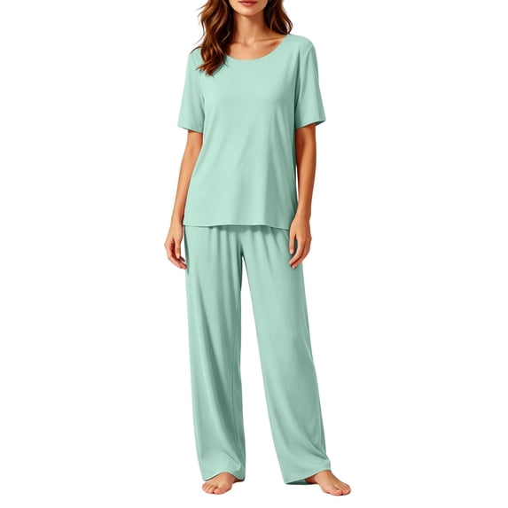 Womens Seamless Pajama Set Short Sleeve Pajamas Top and Pants Crew Neck Pjs Set Soft Loungewear for Couples