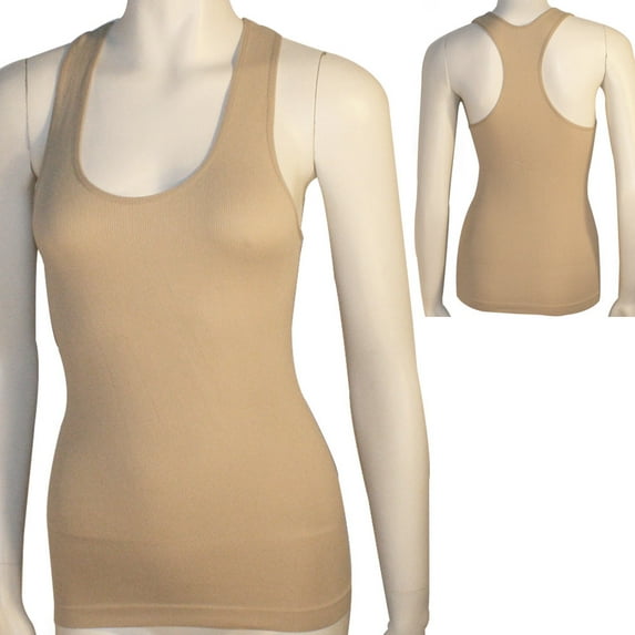 Womens Ribbed Knit Racerback Sleeveless Fitted Basic Work Out Tank Top Shirt Tan