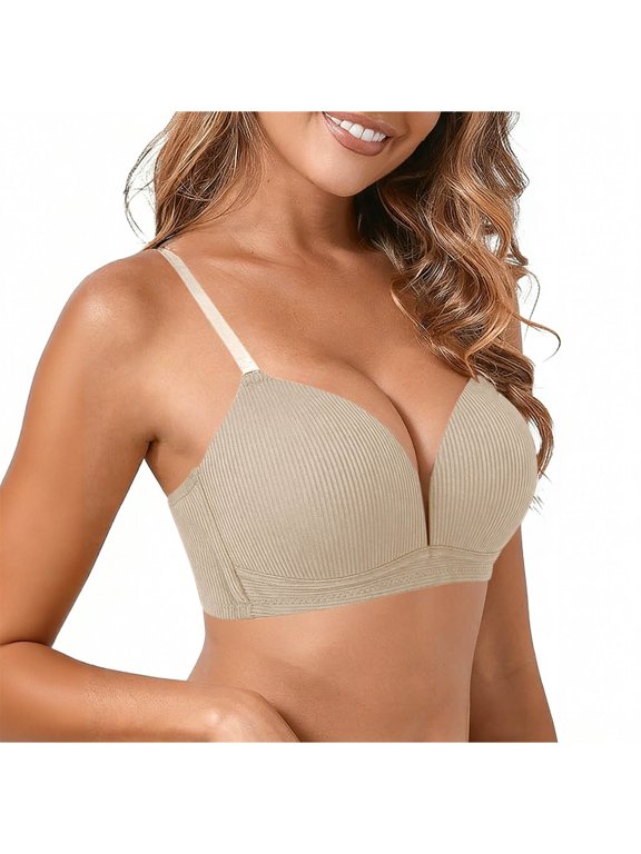 Womens Seamless Ribbed Plunge Push-Up Bra - Wireless Comfort T-Shirt Bra, Adjustable Straps, Beige, Pack of 1,Size XL