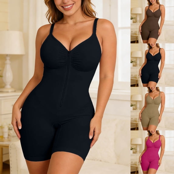 Womens Seamless Solid Bodysuit Shaper Zipper Shorts Tummy Control Lift Elegant Shapewear Red S