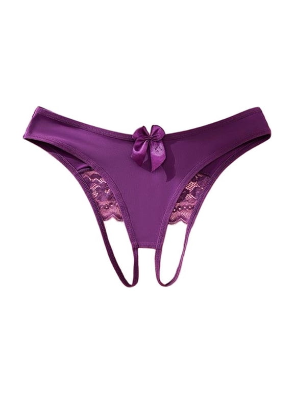 Womens Seamless Thong - No Show Underwear with Lace Trim & Bow, Soft Stretch Fabric for Everyday Wear, Purple,Size S