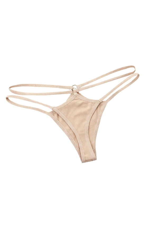Womens Seamless Thong Underwear Double Strap Low Rise Panties with Metal Ring Soft Stretchy No Show Lingerie Beige S-XL,Size M