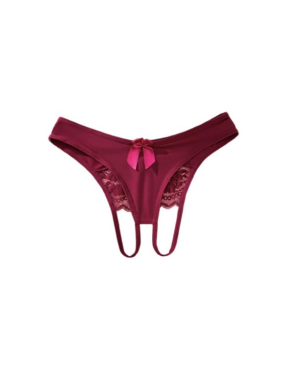 Womens Seamless Thong with Lace & Bow - No Show Underwear for Everyday, Soft Stretch Comfort, Red,Size M