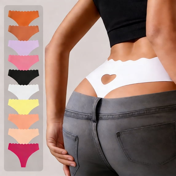 Womens Seamless Thongs Underwear No Show Thong Scallop Edge Wave-waisted Invisible Panties Sexy Heart Cutout Briefs for Ladies Light Purple L