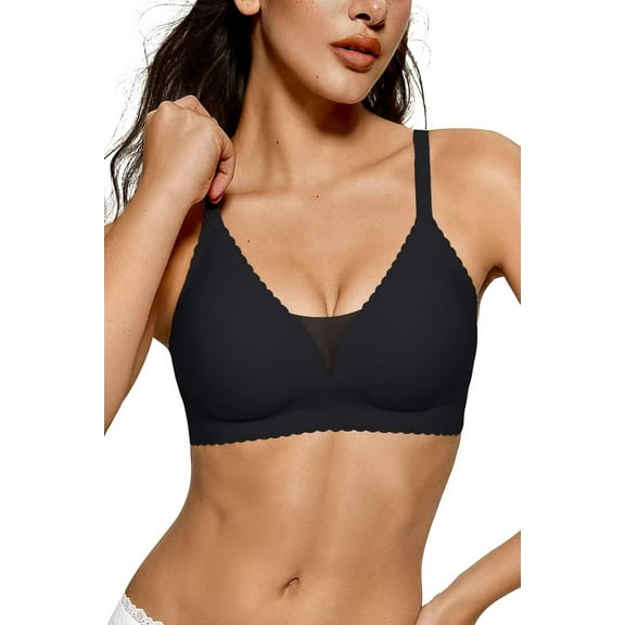 Womens Seamless Wireless Bras No Underwire Comfortable Deep V Mesh Bralettes Push Up Bras Full Coverage Everyday Bra