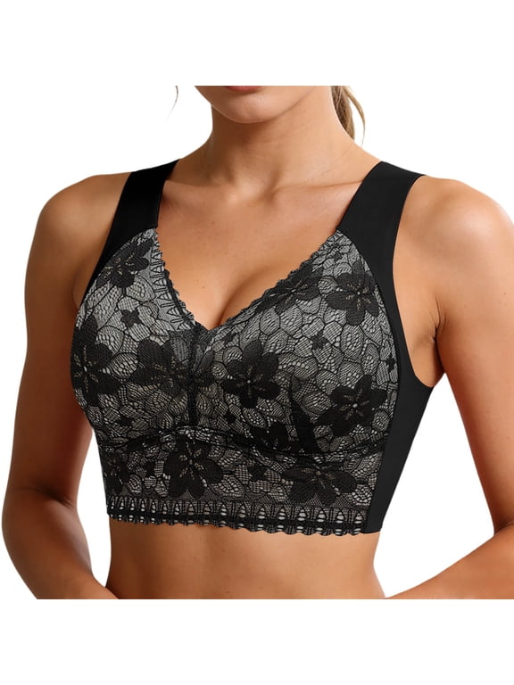 Womens Seamless Wireless Bras Oversized Full Coverage Push up Bra No Wire T‑shirt Bra Wide Strap Lace Everyday Bralettes Black L