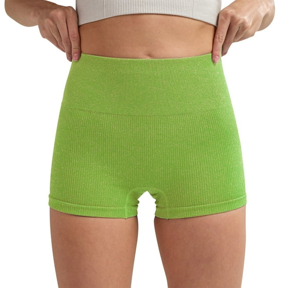 Womens Seamless Workout Shorts High Waisted Ribbed Yoga Shorts with Tummy Control Glitter Biker Shorts for Lounge Athleisure Lime Green,Size M