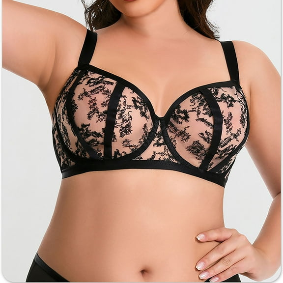 Womens See Through Bralette Floral Lace Mesh Unlined Bras Wireless Sheer Push Up Bra Large Bust, 95F Black