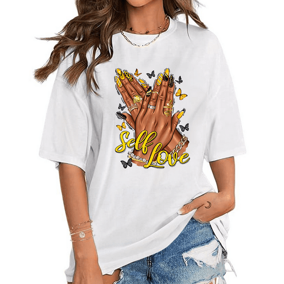 Womens Self Love Nails Print Tshirts Self Love Yellow And Black Nails Graphic Tees Afro Hands Casual Tops for Daily Outfits White,L