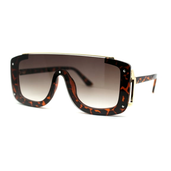 Womens Semi Rimless Flat Top Thick Plastic Shield Sunglasses Tortoise Gold Brown
