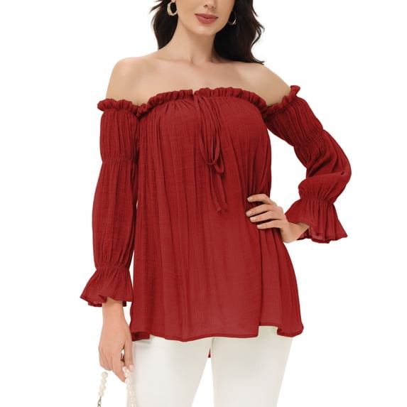 Womens Semi Sheer Boho Peasant Long Sleeve Off the Shoulder Top, Red, Large