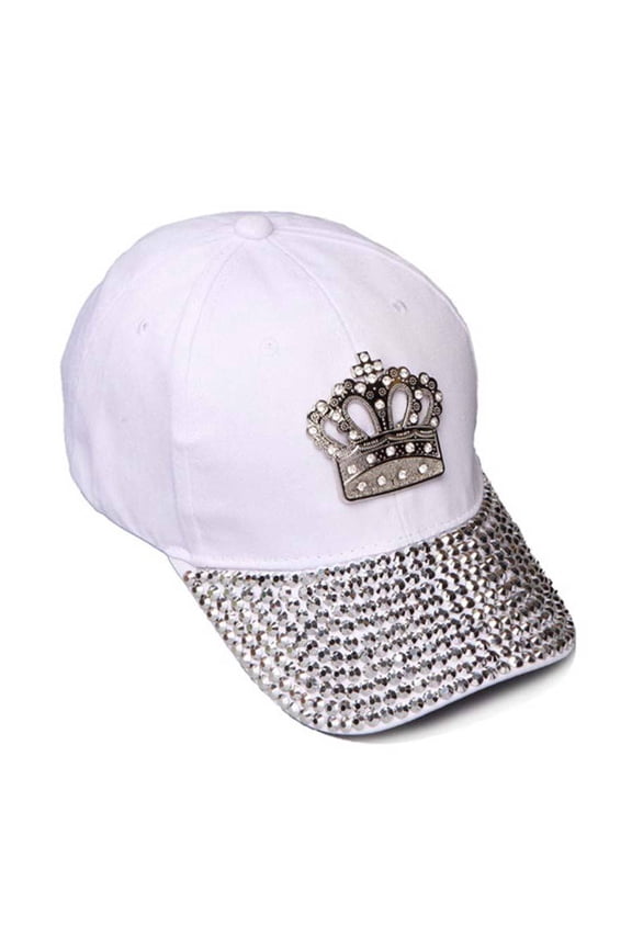 Womens Sequiened Baseball Cap w/ Crown - White