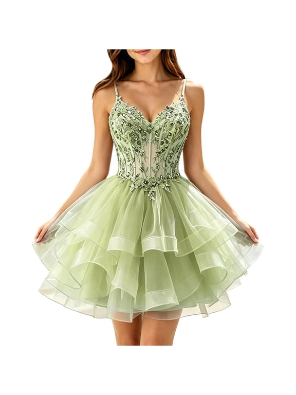 Womens Sequin Beaded Mini Dress Tiered Tulle Homecoming Dresses Sparkly Lace Applique Short Prom Evening Gowns Outfits