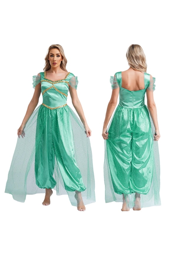 Womens Sequin Belly Jumpsuit Trim Pumpkin Dance Pants With Tulle Overlay One-piece Romper