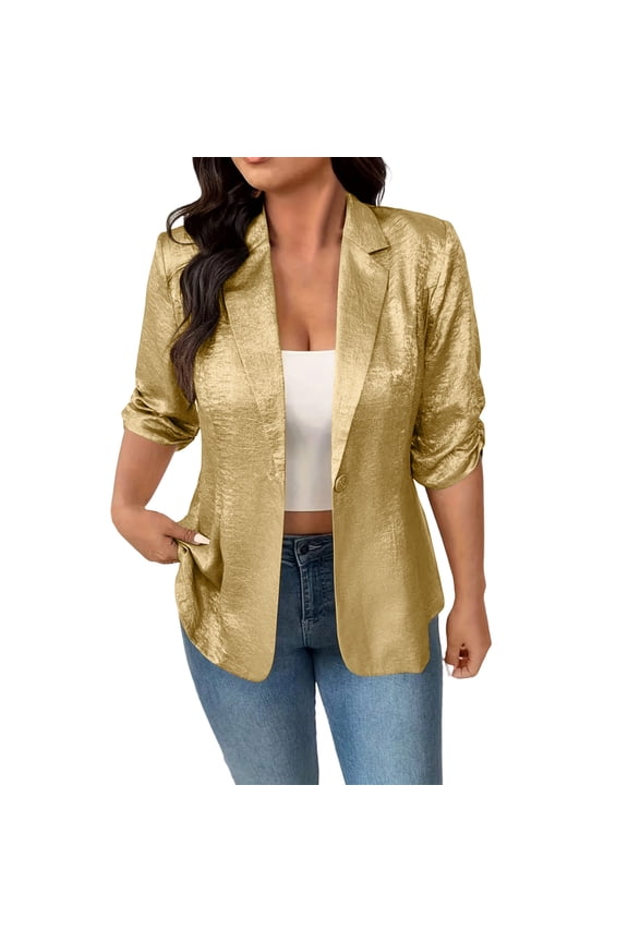 Womens Sequin Blazer Jackets Lightweight Shawl Collar Long 3/4 Sleeve One Button Open Front Sparkly Retro 80s Party Office Cocktail Blouse Tops,Beige,S