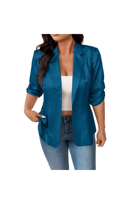 Womens Sequin Blazer Jackets Lightweight Shawl Collar Long 3/4 Sleeve One Button Open Front Sparkly Retro 80s Party Office Cocktail Blouse Tops,Blue,S