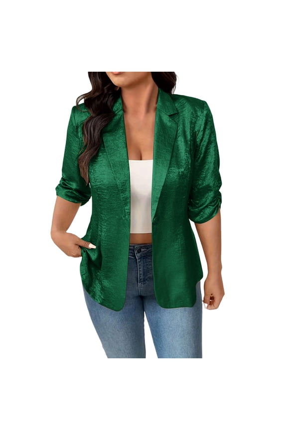 Womens Sequin Blazer Jackets Lightweight Shawl Collar Long 3/4 Sleeve One Button Open Front Sparkly Retro 80s Party Office Cocktail Blouse Tops,Green,M