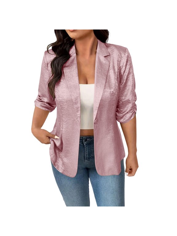 Womens Sequin Blazer Jackets Lightweight Shawl Collar Long 3/4 Sleeve One Button Open Front Sparkly Retro 80s Party Office Cocktail Blouse Tops,Pink,M