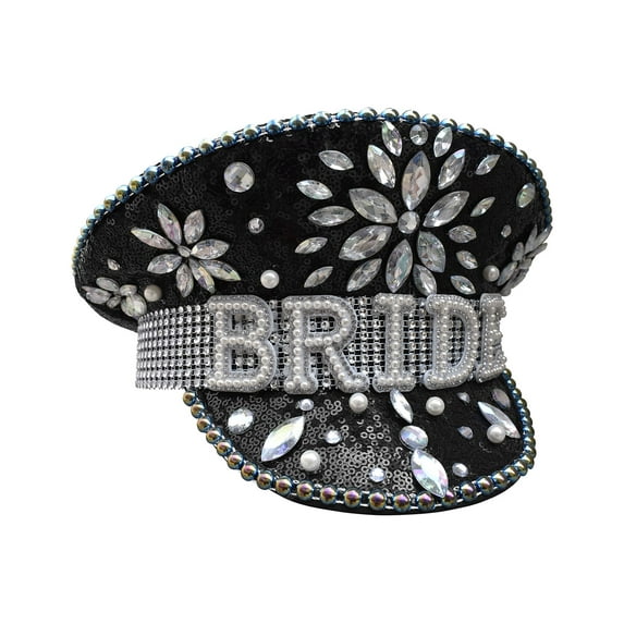 Womens Sequin Bling Bride Captain Hat Sailor Bridal Festival Costume Accessory (Black Flower)
