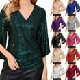 thumbnail image 1 of Womens Sequin Blouse 3/4 Sleeve V Neck Sparkling Evening Party Dressy Top, 1 of 5