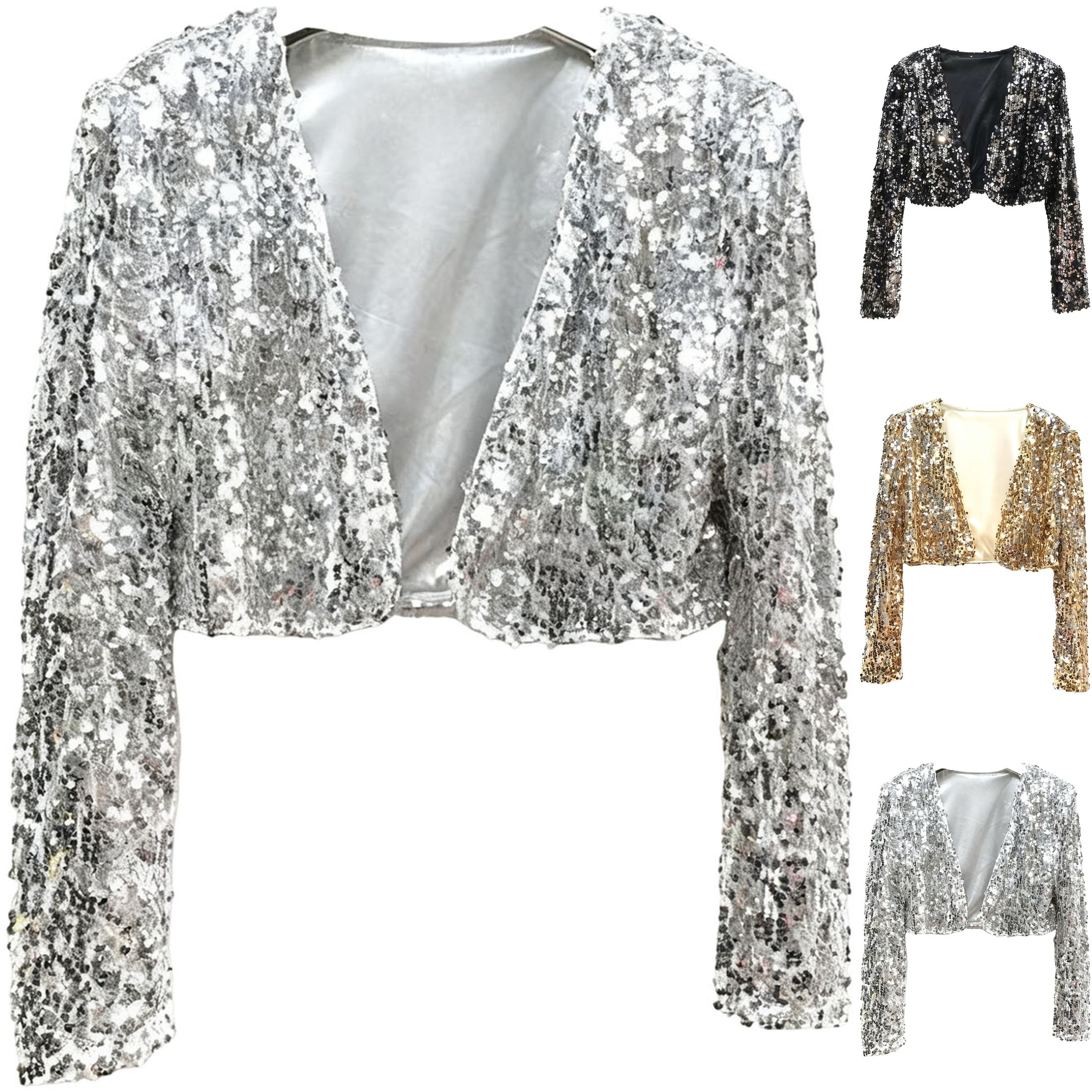 Silver Rhinestone Jacket Womens Sequin Bolero Shrug Cropped Open Front Cardigan Long Sleeve ...