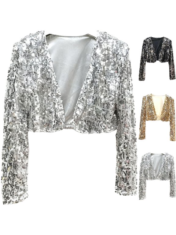 Womens Sequin Bolero Shrug Cropped Open Front Cardigan Long Sleeve Sparkly Lined Jacket for Evening Dress Cover Cocktail Party Clubwear Rave Disco, Silver, L