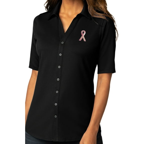 Womens Sequin Breast Cancer Awareness Ribbon Patch Button-Down Stretch Shirt, 2XL Black