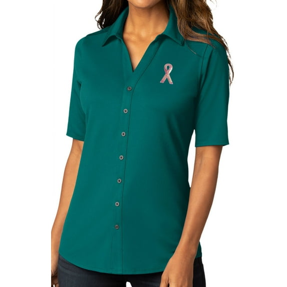 Womens Sequin Breast Cancer Awareness Ribbon Patch Button-Down Stretch Shirt, 4XL Dark Teal