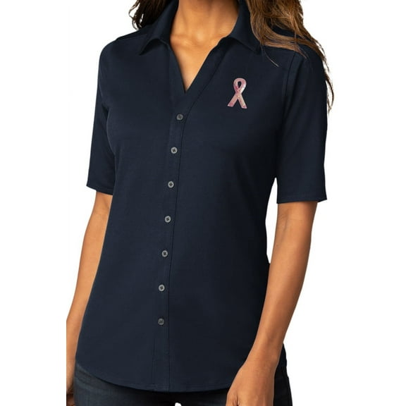 Womens Sequin Breast Cancer Awareness Ribbon Patch Button-Down Stretch Shirt, Small River Blue