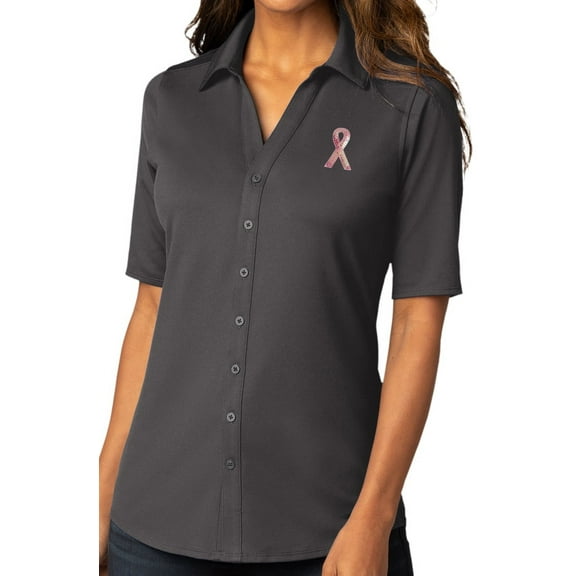 Womens Sequin Breast Cancer Awareness Ribbon Patch Button-Down Stretch Shirt, XL Graphite Gray