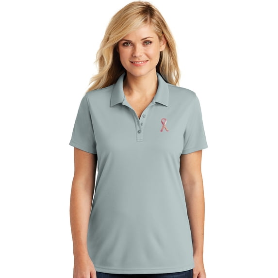 Womens Sequin Breast Cancer Ribbon Patch Moisture-Wicking Polo Shirt, 4XL Gusty Grey