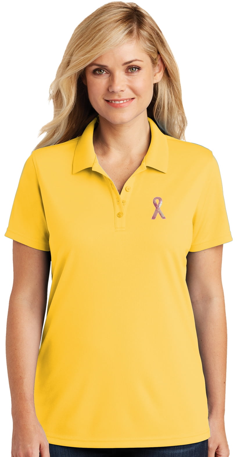 Womens Sequin Breast Cancer Ribbon Patch Moisture-Wicking Polo Shirt,  Extra-Small Sunburst Yellow