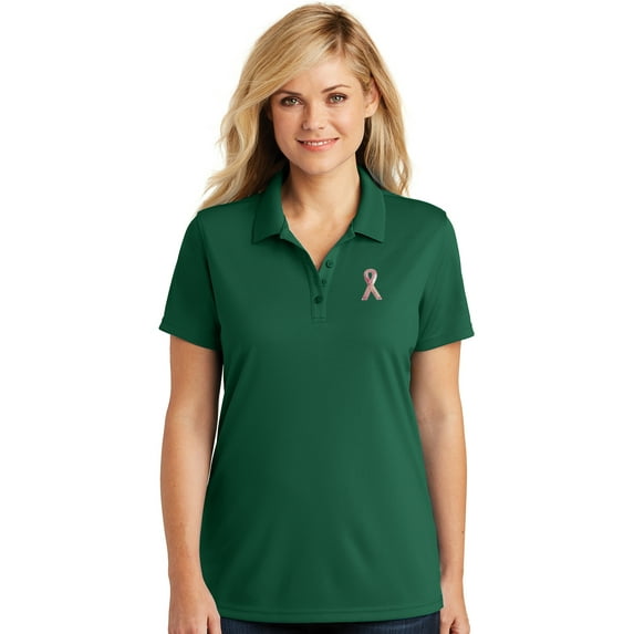 Womens Sequin Breast Cancer Ribbon Patch Moisture-Wicking Polo Shirt, Large Deep Forest Green