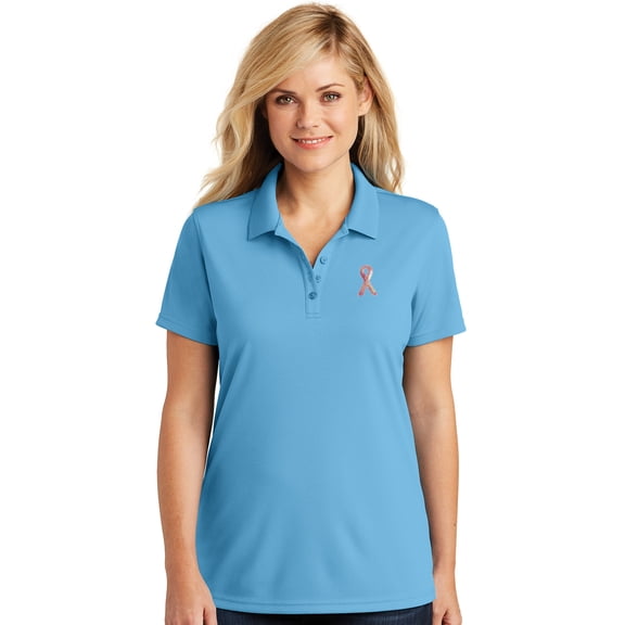 Womens Sequin Breast Cancer Ribbon Patch Moisture-Wicking Polo Shirt, XL Carolina Blue