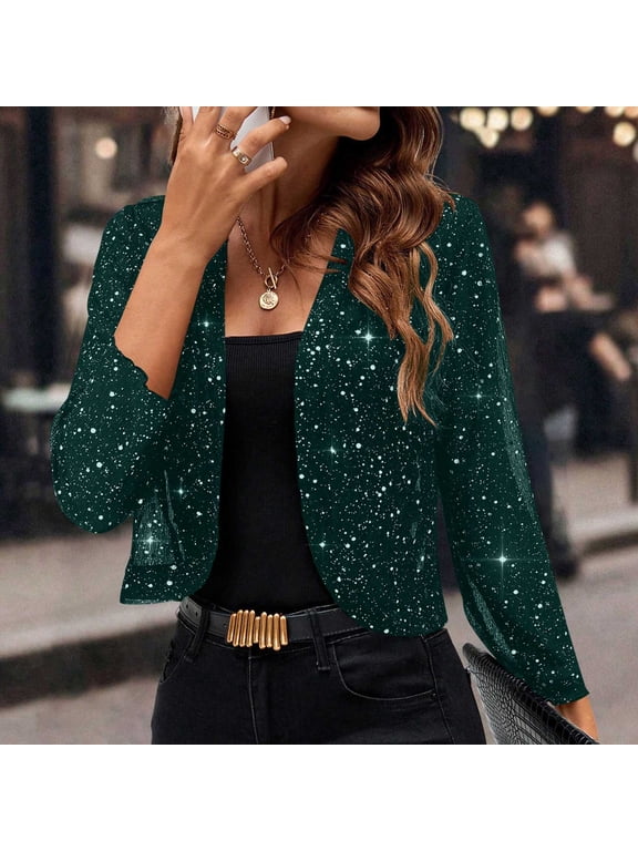 Womens Sequin Cropped Blazer Open Front Long Sleeve Glitter Cardigan Jacket for Party Evening Events Green Glitter XXL
