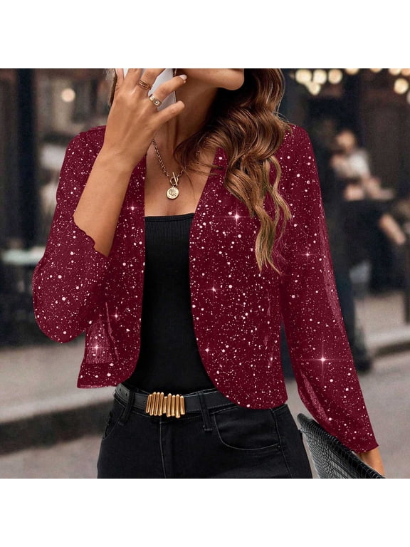 Womens Sequin Cropped Blazer Open Front Long Sleeve Glitter Cardigan Jacket for Party Evening Events Wine Glitter XL
