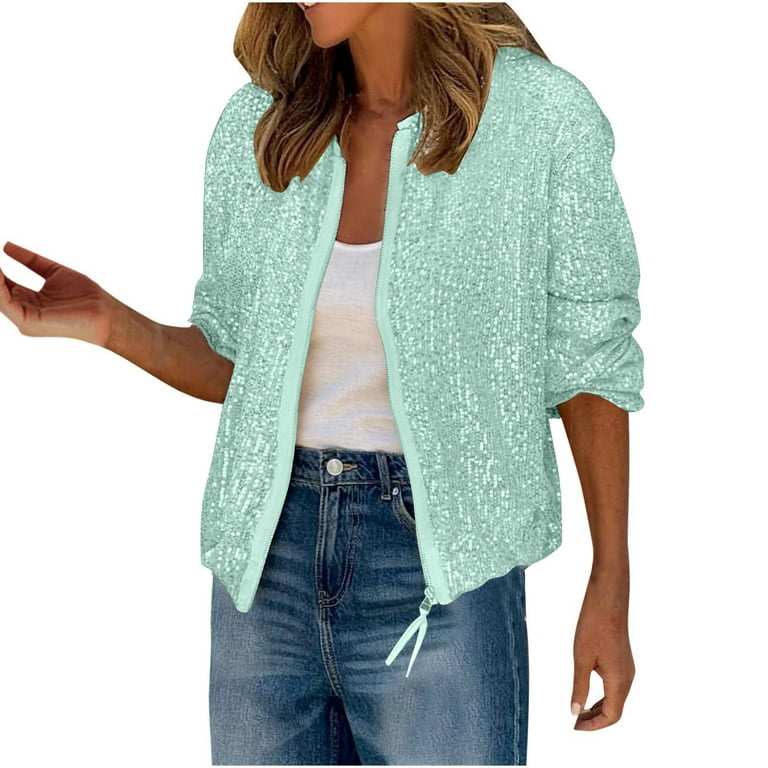 Womens Sequin Cropped Jackets Long Sleeve Full Zip Bomber Jacket