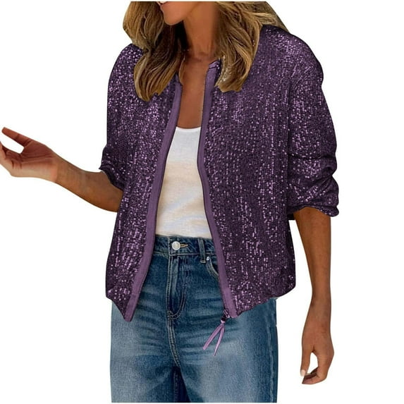 Womens Sequin Cropped Jackets Long Sleeve Full Zip Bomber Jacket Party Sparkly Glitter Outerwear (Purple M)