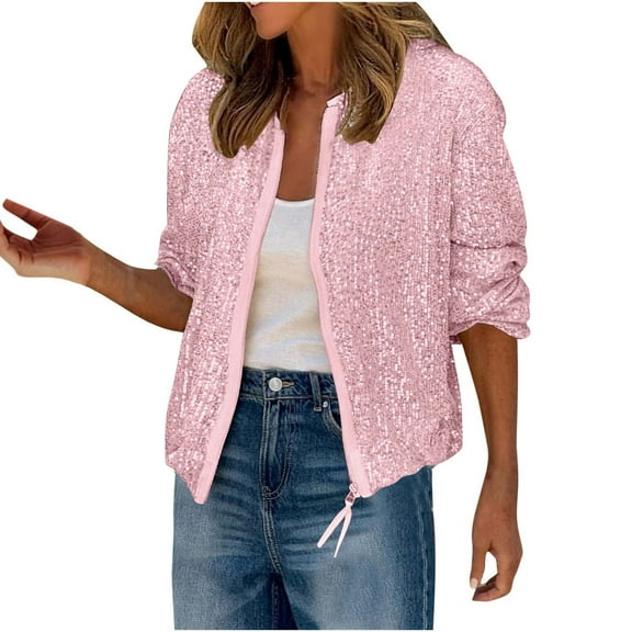 Womens Sequin Cropped Jackets Long Sleeve Full Zip Up Bomber Jacket Coat Fall Casual Party Sparkly Glitter Outerwear (Pink M)