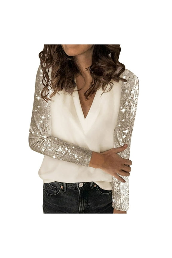Womens Sequin Dressy Casual Tops for Women Elegant Long Sleeve Patchwork V Neck Shirts Sparkly Tee Blouses