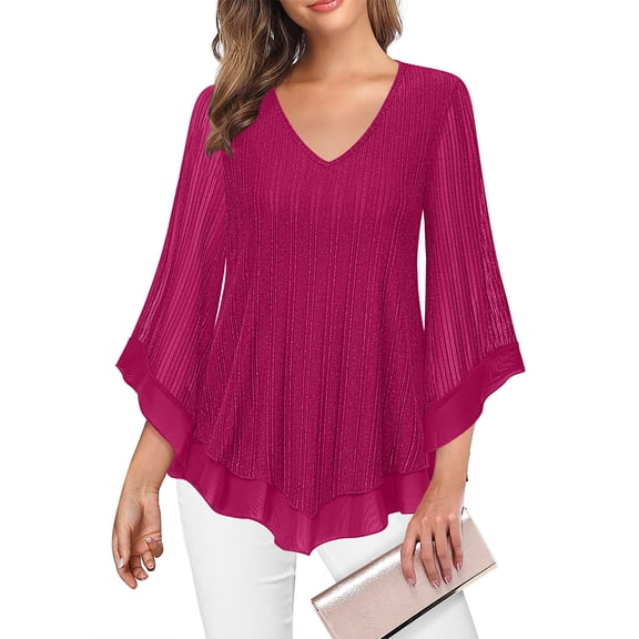 Womens Sequin Dressy Fall Blouses 3/4 Sleeve Peplum Top Chiffon Mesh V-Neck Ruffle Hem Tunics for Office Workwear