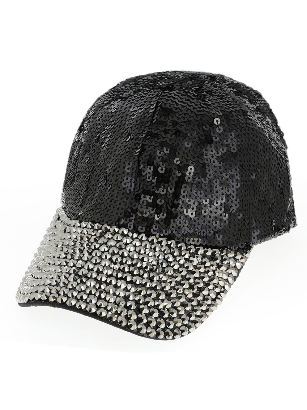 Womens Sequin Fashion Baseball Cap w Full Stoned Bill Black Metal
