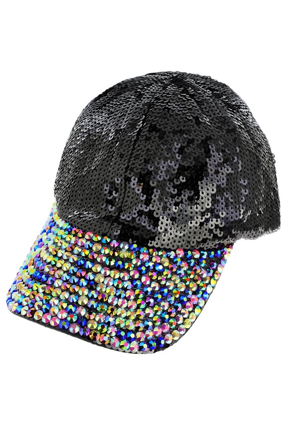 Womens Sequin Fashion Baseball Cap w/ Full Stoned Bill - Black/Multicolor