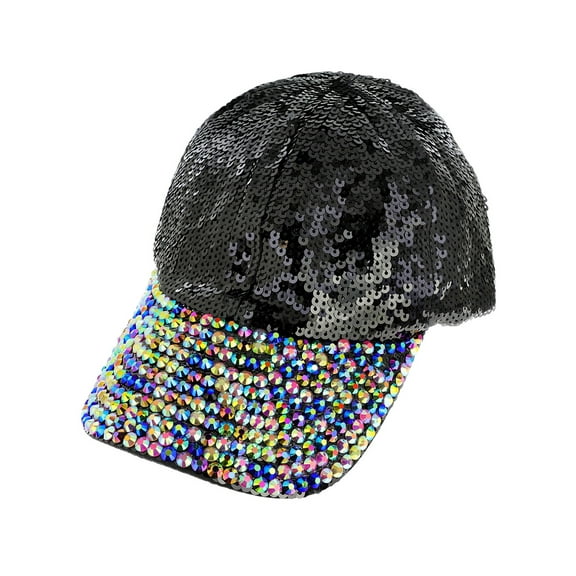 Womens Sequin Fashion Baseball Cap w/ Full Stoned Bill - Black/Multicolor