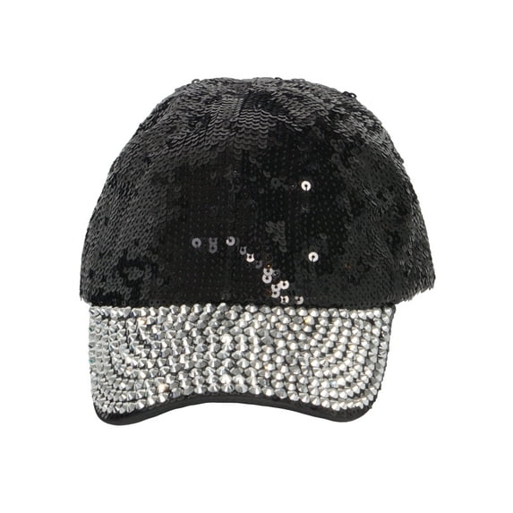 Womens Sequin Fashion Baseball Cap w/ Full Stoned Bill - Black