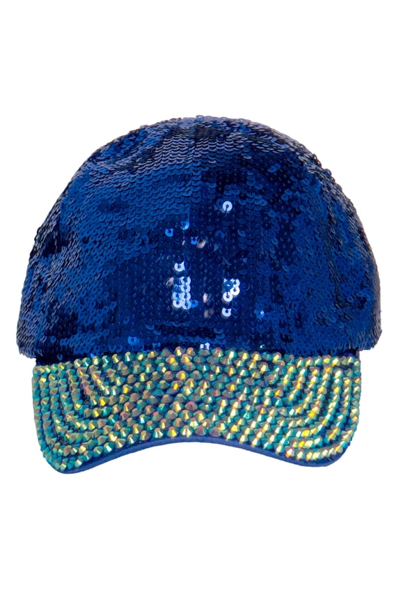 Womens Sequin Fashion Baseball Cap w/ Full Stoned Bill - Royal/AB Jelly