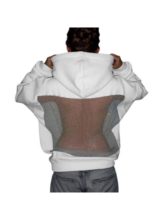 Womens Sequin Fishnet Hoodie Sweatshirt Fishnet Mesh Y2K Oversized Pullover Top Fashion Streetwear