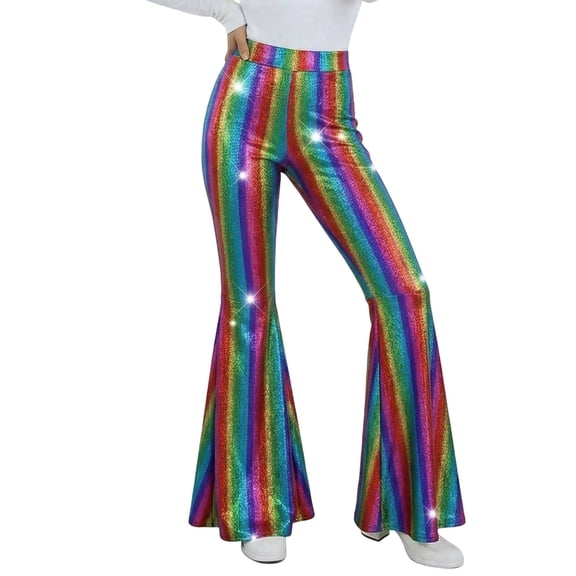 Womens Sequin Flare Pant Sparkly High Waisted Leg Bell Bottom Glitter Trousers Night Out Clubwear