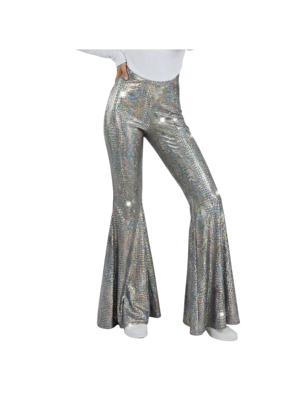 Womens Sequin Flare Pant Sparkly High Waisted Leg Bell Bottom Glitter Trousers Night Out Clubwear